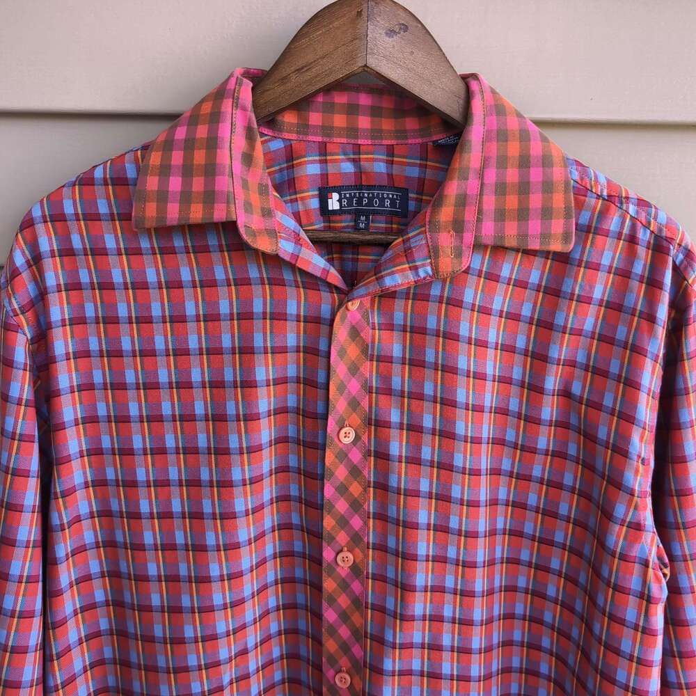 International Report Plaid Shirt Mens M Multicolor Contrast Collar Button Down